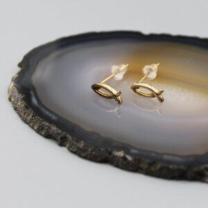 Ichthys religious earrings jewelry gold tone dainty new stud studs minimalist